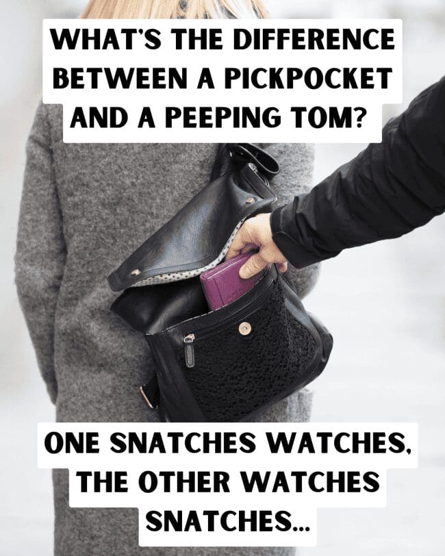 Hand reaching into a black bag to steal a purple wallet with a criminal-themed pun.