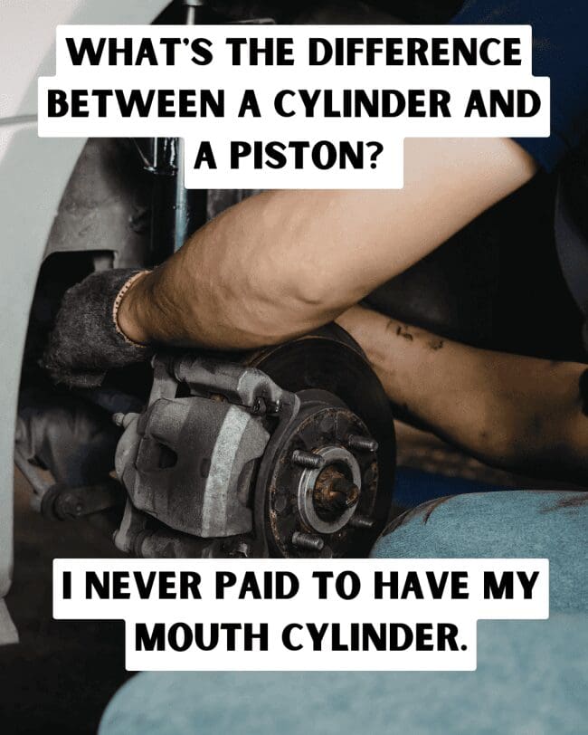 Mechanic working on a car brake assembly with a joke about engine parts and payment.