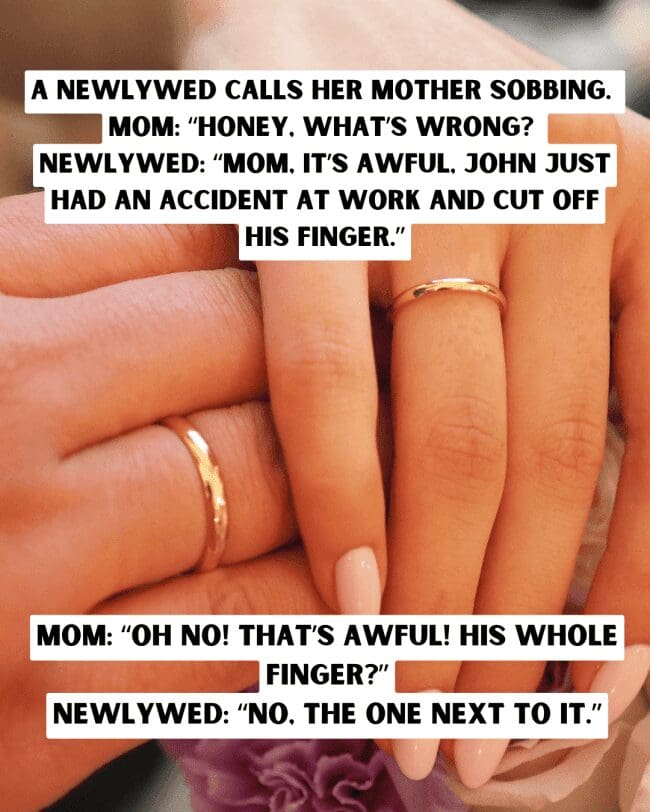 Close-up of two hands with wedding rings featuring a joke about a workplace finger accident.
