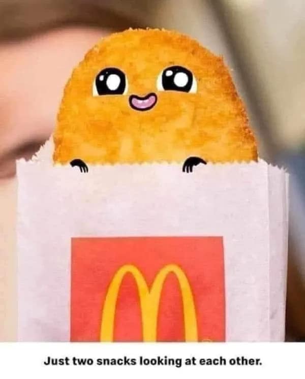 flirty meme featuring an adorable, illustrated McDonald's hash brown with tiny arms and a smiling face peeking out of its paper sleeve, captioned: "Just two snacks looking at each other."