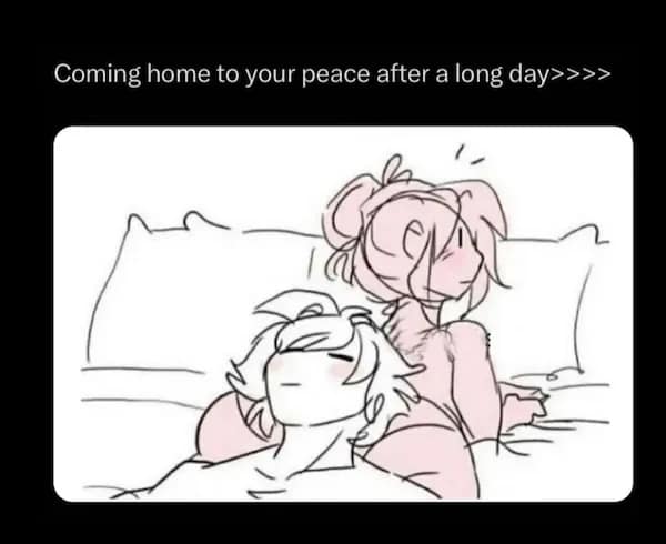 A relatable and dirty meme sketch of a couple lounging in bed after a long day, where the partner finds total "peace" by using their girlfriend’s rear as a pillow.