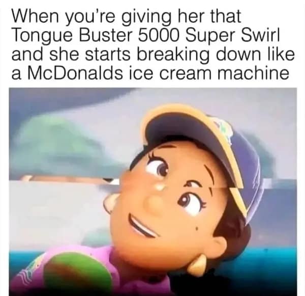 A hilarious and dirty meme showing a glitchy, distorted cartoon face representing a woman "breaking down" like a McDonald’s ice cream machine after a highly effective romantic act.