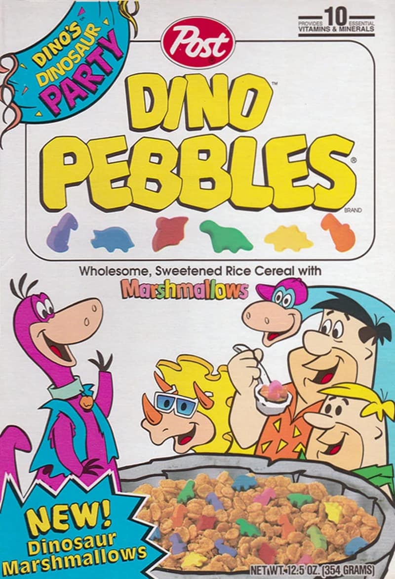 A vintage box of Post Dino Pebbles sweetened rice cereal with marshmallows represents a classic entry in the hall of discontinued cereals, featuring Fred Flintstone, Barney Rubble, and Dino the dinosaur.