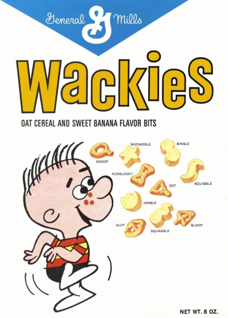 This mid-century box of General Mills Wackies oat cereal with sweet banana flavor bits showcases an absolute gem of discontinued cereals, detailing quirky named shapes like "Kerblooey," "Zot," and "Squaggle."