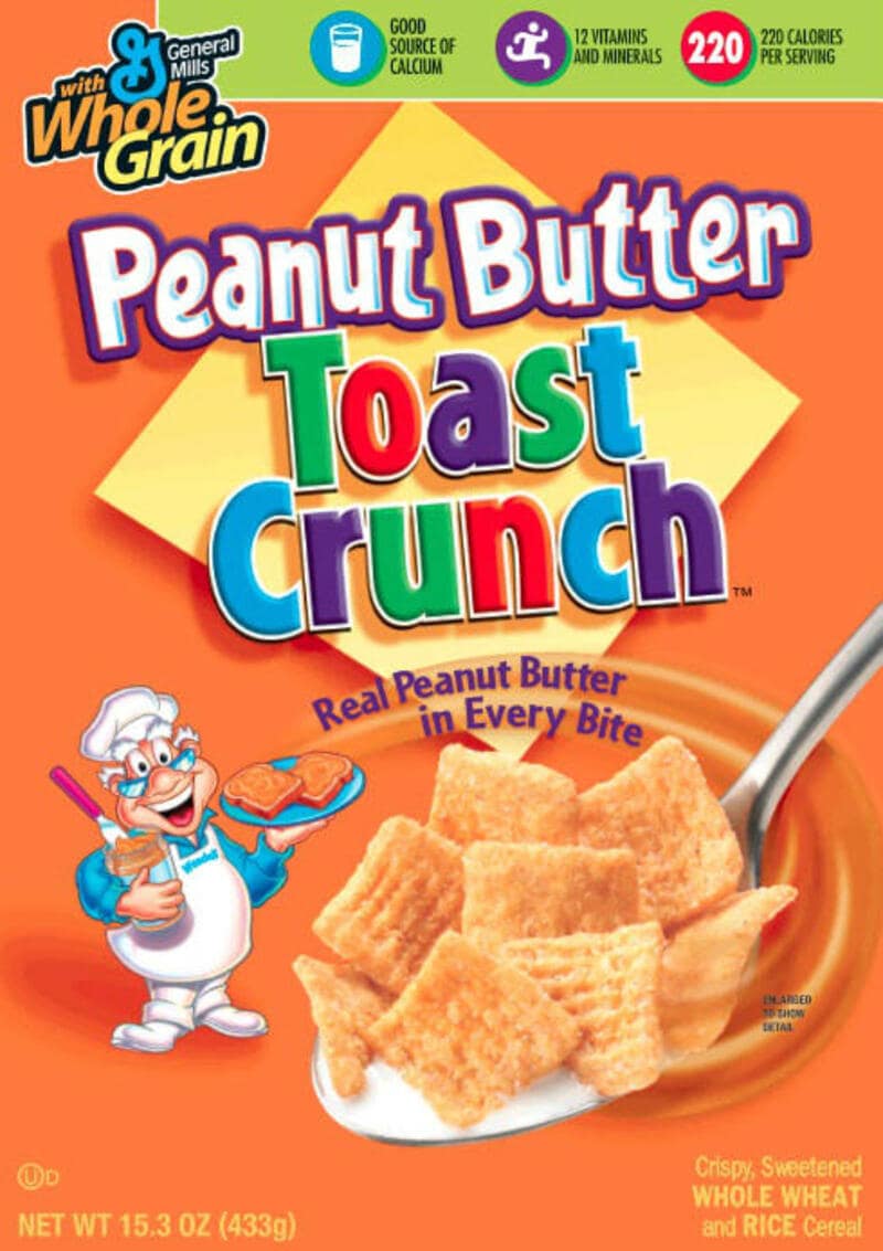 A vibrant orange box of General Mills Peanut Butter Toast Crunch highlights a highly requested nostalgic cereal, featuring Chef Wendell holding a plate of peanut-butter-coated squares next to a loaded cereal bowl.