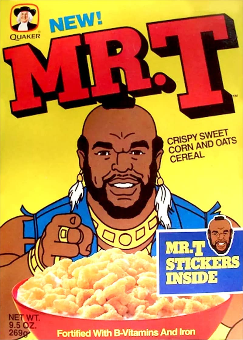 An iconic 1980s yellow box of Quaker Mr. T crispy sweet corn and oats cereal stands as an elite cultural relic among discontinued cereals, featuring a bold illustrated portrait of Mr. T.
