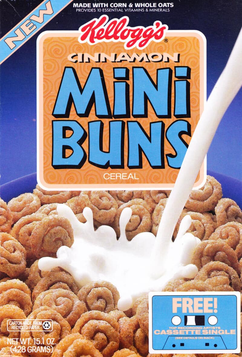 This retro box of Kellogg's Cinnamon Mini Buns stands out as a highly requested nostalgic cereal, showcasing miniature cinnamon-roll-shaped puffs with a prominent promotional offer for a free cassette single at the bottom.