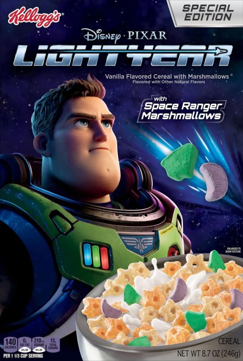 A modern special edition box of Kellogg's Disney Pixar Lightyear vanilla-flavored cereal with Space Ranger marshmallows marks a recent addition to the graveyard of discontinued cereals, featuring Buzz Lightyear looking into deep space.