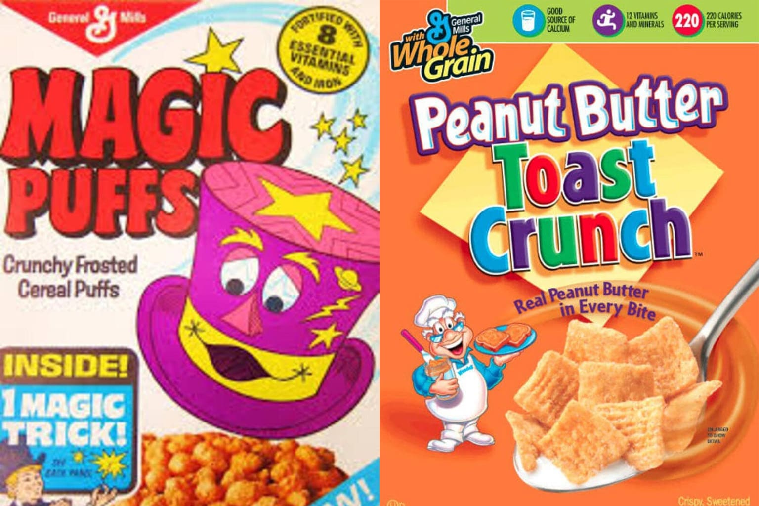 A comprehensive discontinued cereals infographic vault archiving iconic breakfast box artwork and packaging designs, highlighted by a vintage box of Smurf-Berry Crunch, an iconic 1980s box of Quaker Mr. T cereal, and a retro box of Vanilla Ice Cream Cones offering a free digital watch prize.