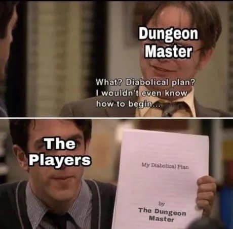 A side-by-side panel from The Office forms a relatable dnd meme, showing Dwight Schrute labeled as the "Dungeon Master" claiming innocence about evil plots while Ryan Howard, representing "The Players," holds up a massive binder explicitly titled "My Diabolical Plan by The Dungeon Master."
