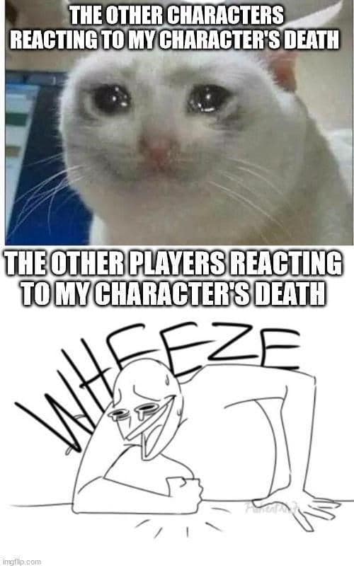 dnd meme comparing a sad crying cat to a wheezing, laughing man to show the difference between how characters mourn a PC death versus how the actual players react at the table.