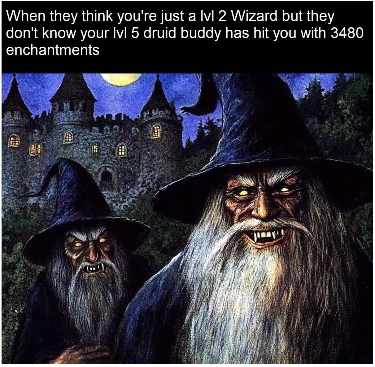 d&d meme featuring two sinister, fanged wizards in pointed hats from a classic fantasy painting, representing a Lvl 2 Wizard who has been hit with over 3,000 enchantments by a Druid buddy.