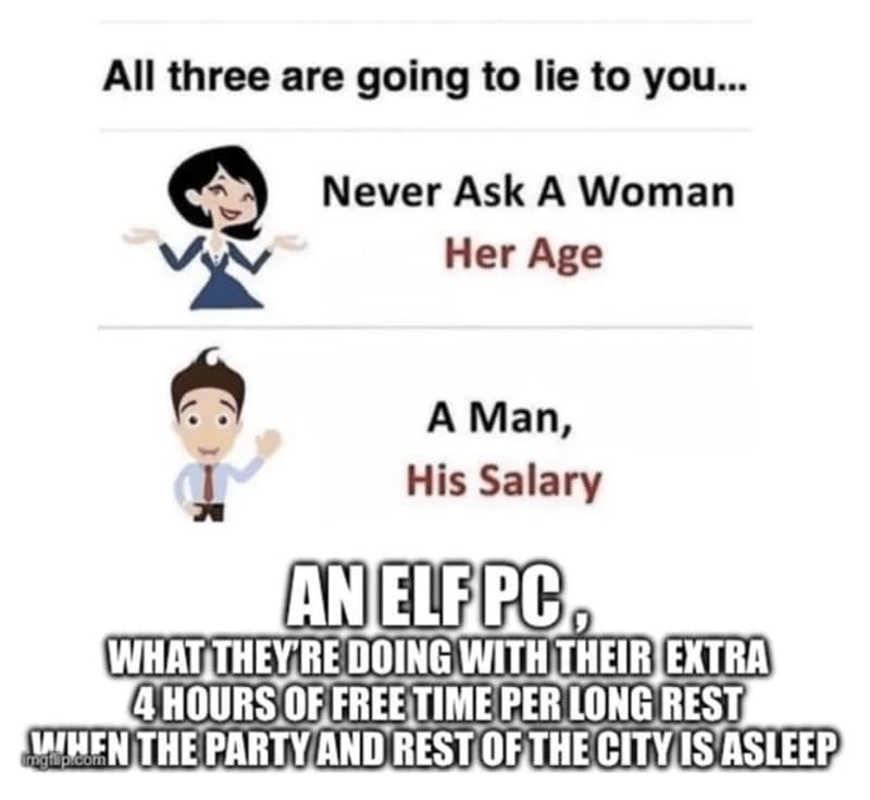 "Three things that will lie to you" dnd meme featuring age, salary, and what an Elf PC actually does during those four extra hours of free time every long rest.