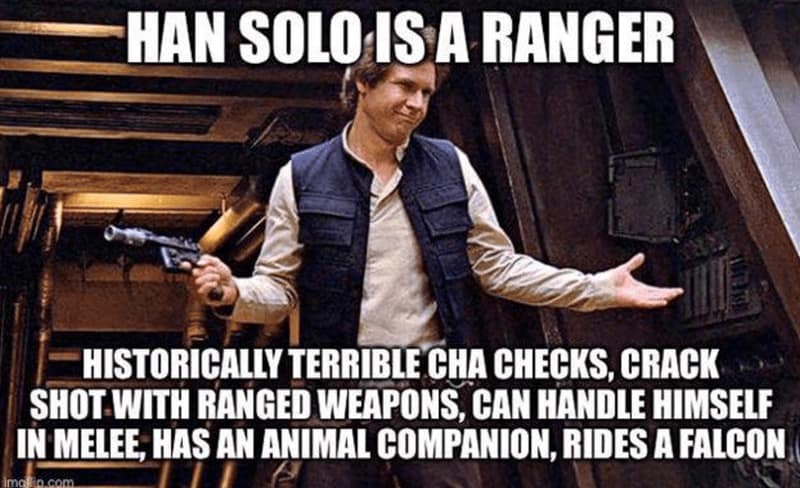A d&d meme presenting a compelling argument that Han Solo is actually a Ranger due to his animal companion, ranged weapon proficiency, and notoriously bad charisma checks.