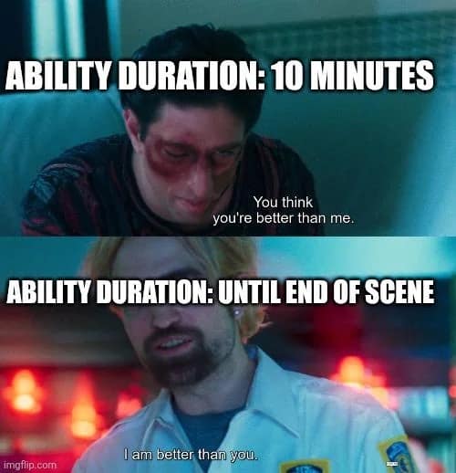 : A split-screen cinematic d&d meme uses a template from the movie Good Time to contrast standard utility abilities lasting a measly 10 minutes against superior, narrative-flexible spells that stay active until the end of the scene.