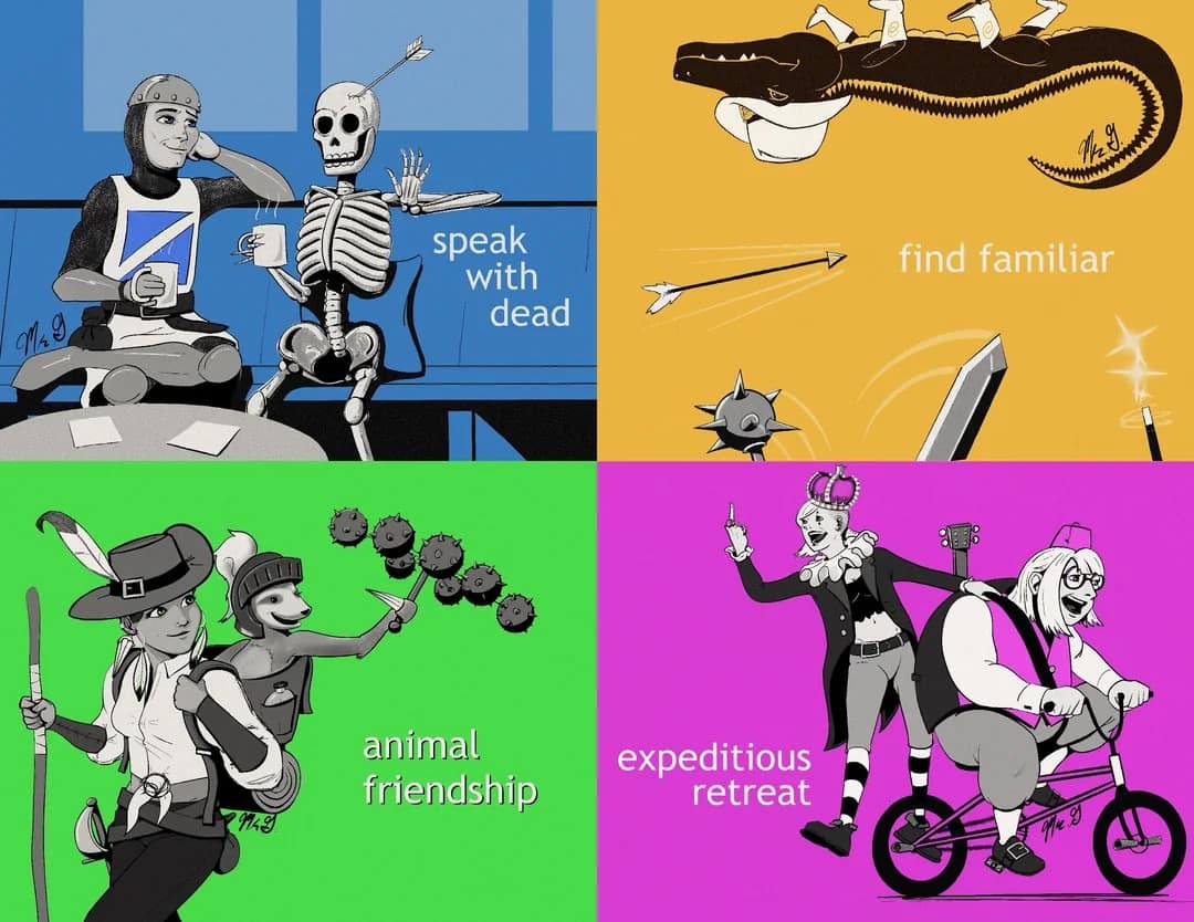A colorful four-quadrant fan art comic serves as a creative d&d meme, re-imagining core class spells taken literally, such as an armored knight sharing coffee with a skeleton for "speak with dead" and a jester fleeing on a tiny BMX bicycle for "expeditious retreat."