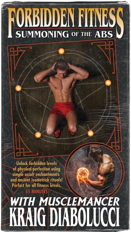 A hilarious d&d meme featuring a mock VHS cover for "Forbidden Fitness: Summoning of the Abs," where "Musclemancer" Kraig Diabolucci teaches occult enchantments and ancient isometric rituals for a perfect physique.