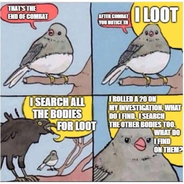 A standard double-panel bird shouting format acts as a classic dnd meme, showing a polite small songbird trying to describe post-combat scenery while an obnoxious giant crow completely cuts it off by screaming loot demands and aggressive investigation checks.