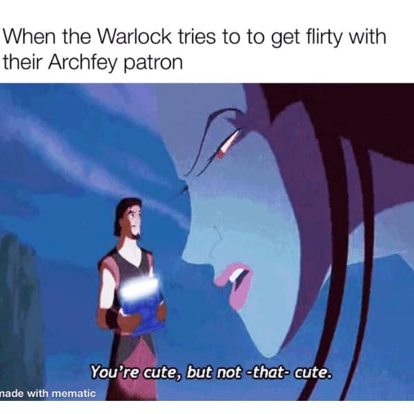 A cinematic screenshot from the animated movie Sinbad serves as an amusing d&d meme about charisma checks, capturing a giant cosmic goddess telling a tiny, hopeful warlock player that they are cute, but not cute enough to romance their Archfey patron.