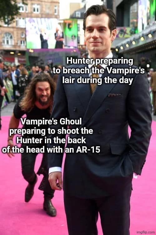 A famous red-carpet photography print creates an urban-fantasy campaign dnd meme, tracking Jason Momoa sneaking up to ambush an oblivious Henry Cavill to represent a vampire's modern modern-day ghoul minion preparing to shoot an elite monster hunter in the back of the head with an AR-15.