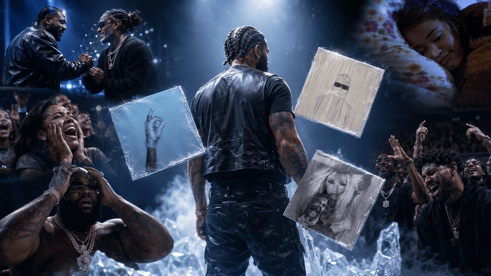 A gallery of Drake album drop memes capturing the May 15, 2026, cultural collapse, featuring a man attempting to "digest" three plates of music, an AI-generated J. Cole made entirely of grass, and Drake reimagined with a 2000s emo "scene" haircut for his "Princess" era.