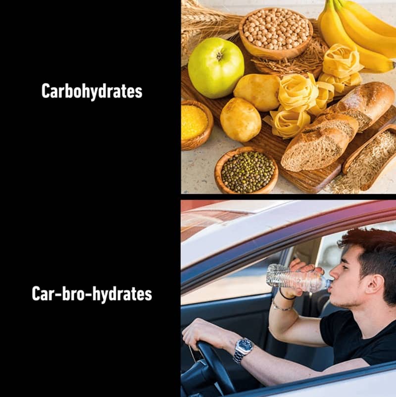 Two-panel comparison meme contrasting healthy carbohydrates with a driver drinking water captioned as car-bro-hydrates.