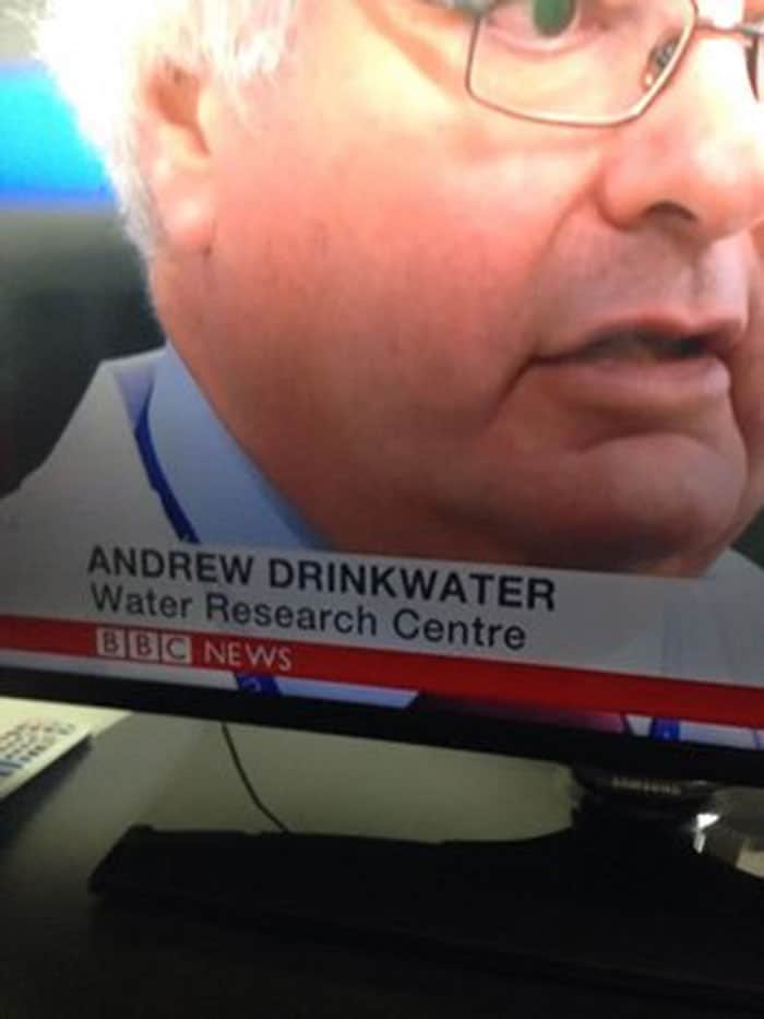 A BBC News television broadcast featuring a researcher ironically named Andrew Drinkwater.