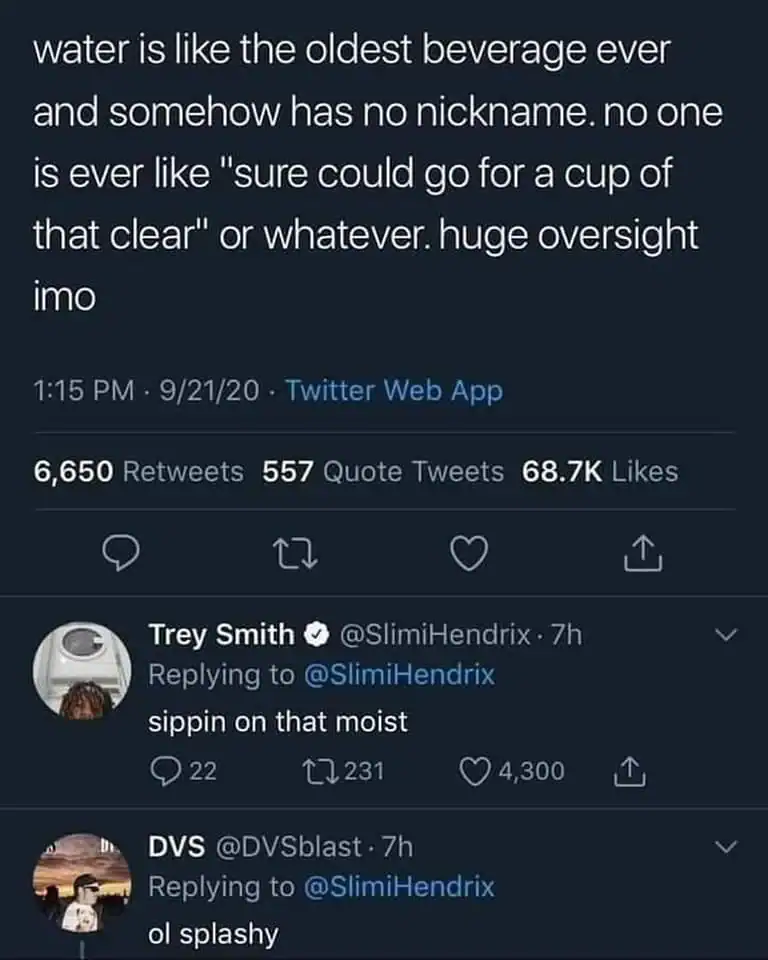 Social media thread joking about the complete lack of slang nicknames for drinking water.