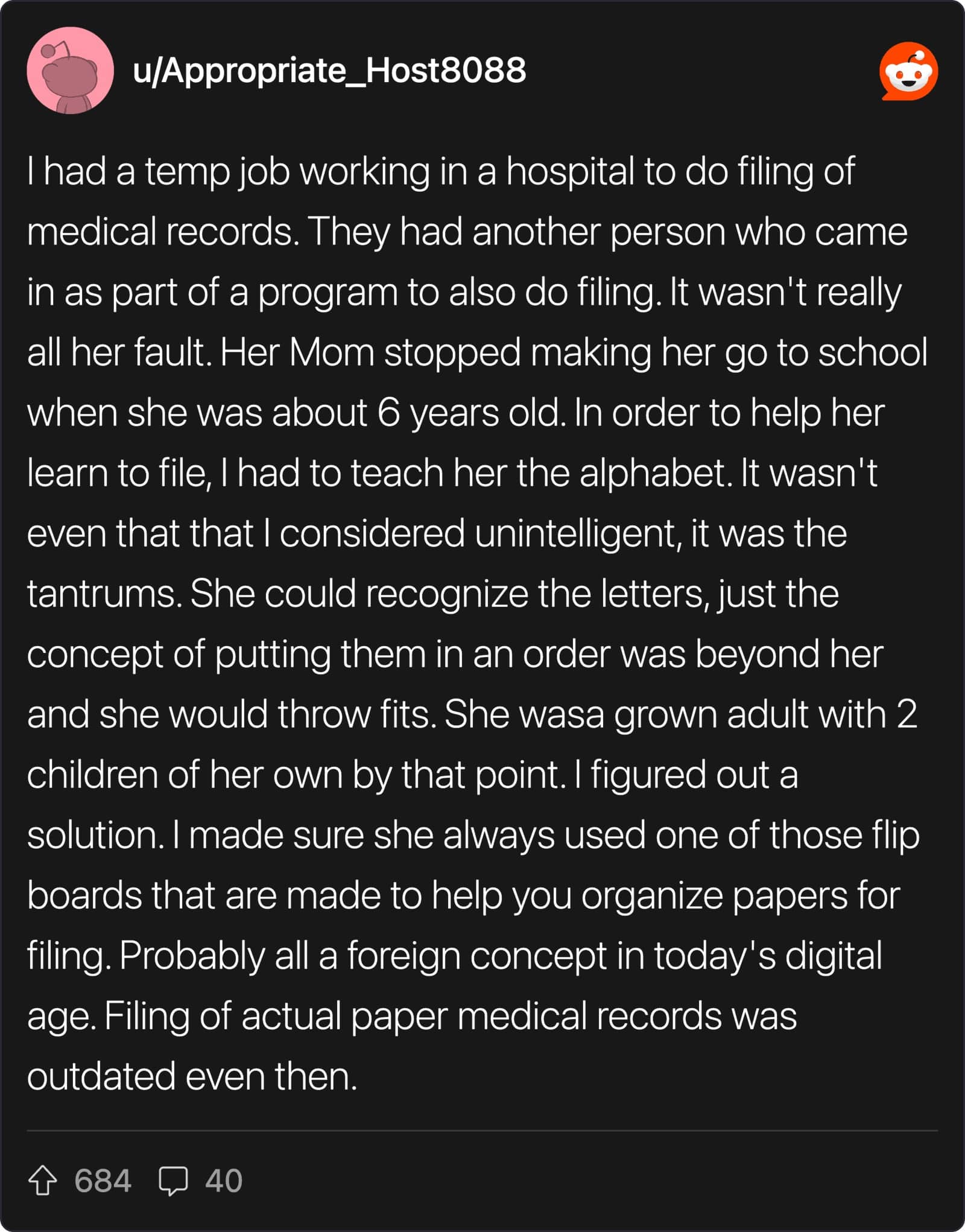 A long text post about a hospital temp worker struggling to understand alphabetical order.