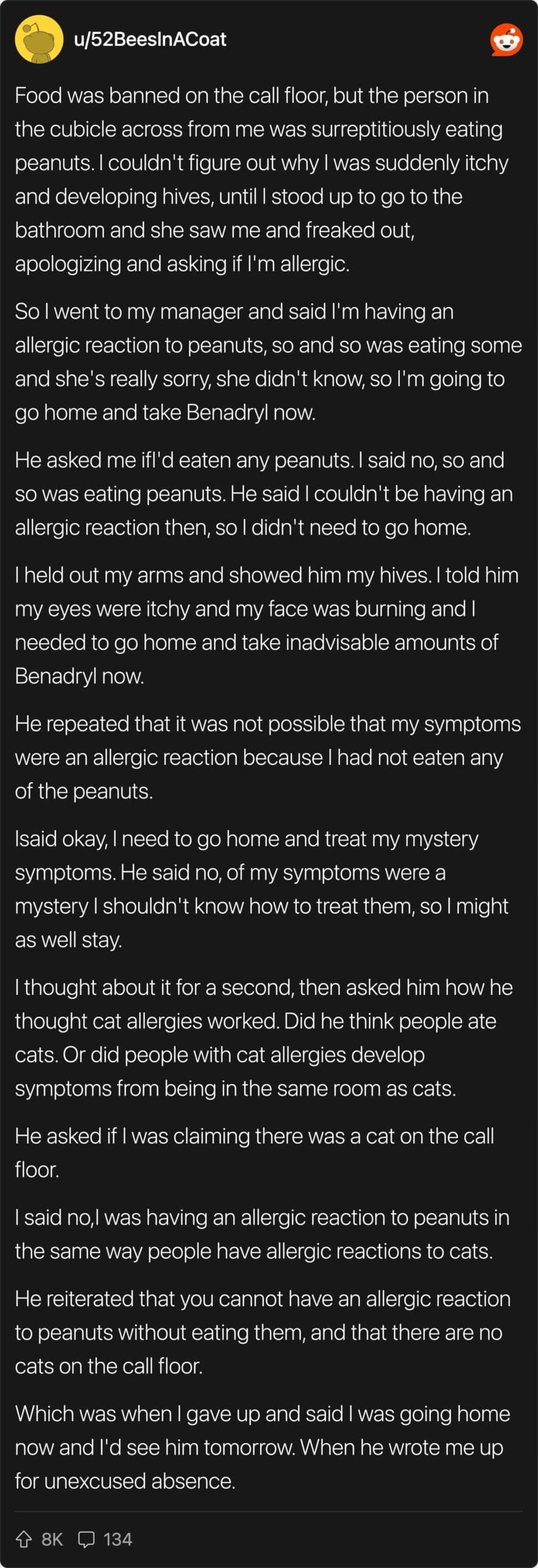 A long text screenshot from a Reddit user describing a terrible manager's peanut allergy ignorance.