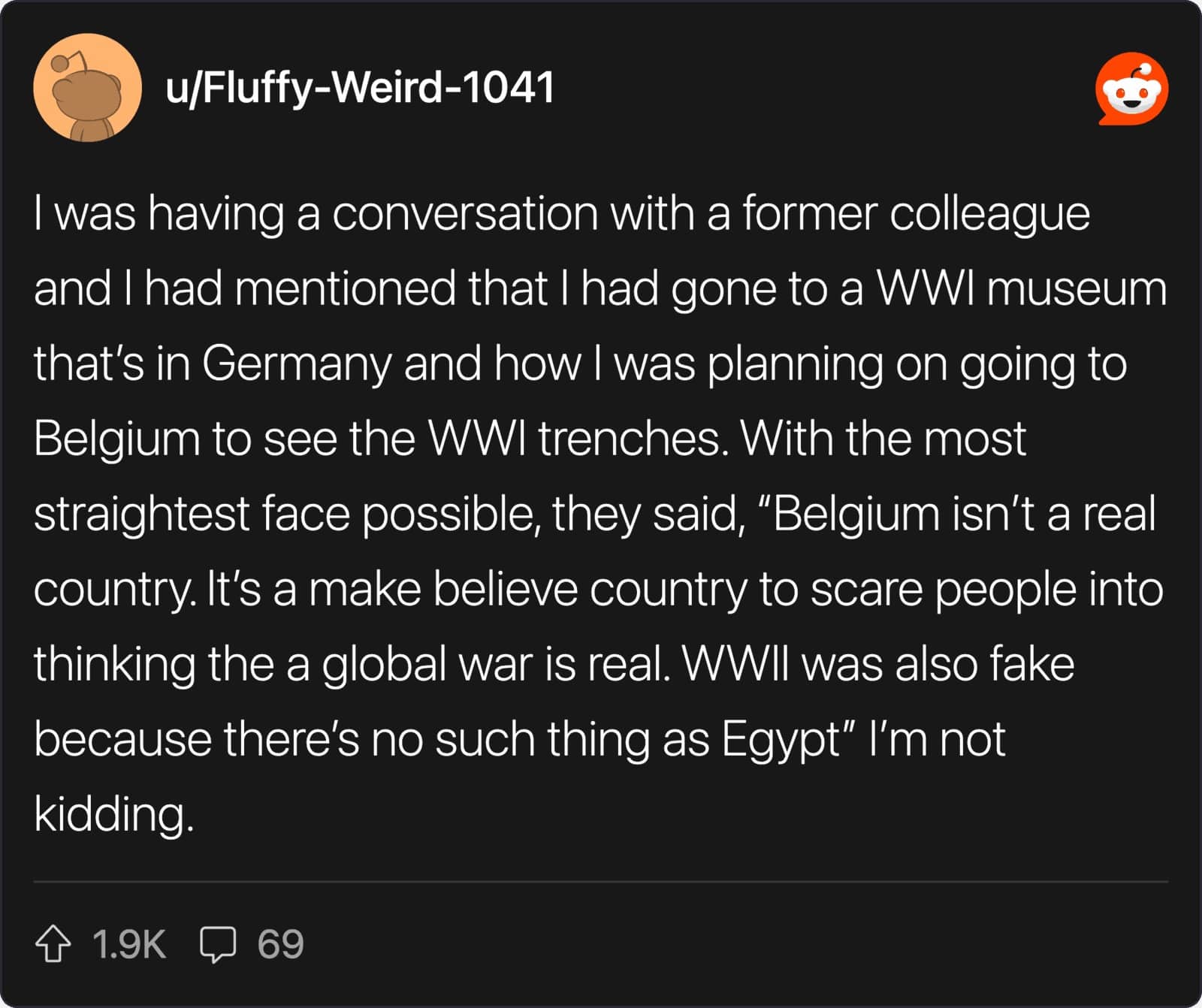 A text post about a colleague who genuinely believes Belgium and Egypt are entirely make-believe places.