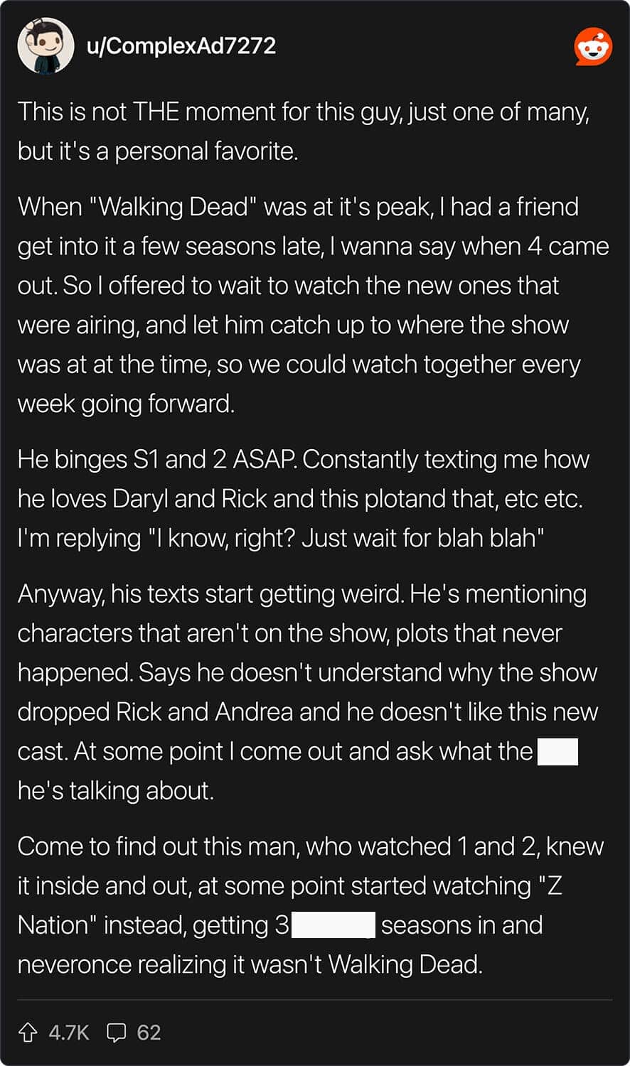 A Reddit comment sharing a story about a friend watching Z Nation instead of The Walking Dead.
