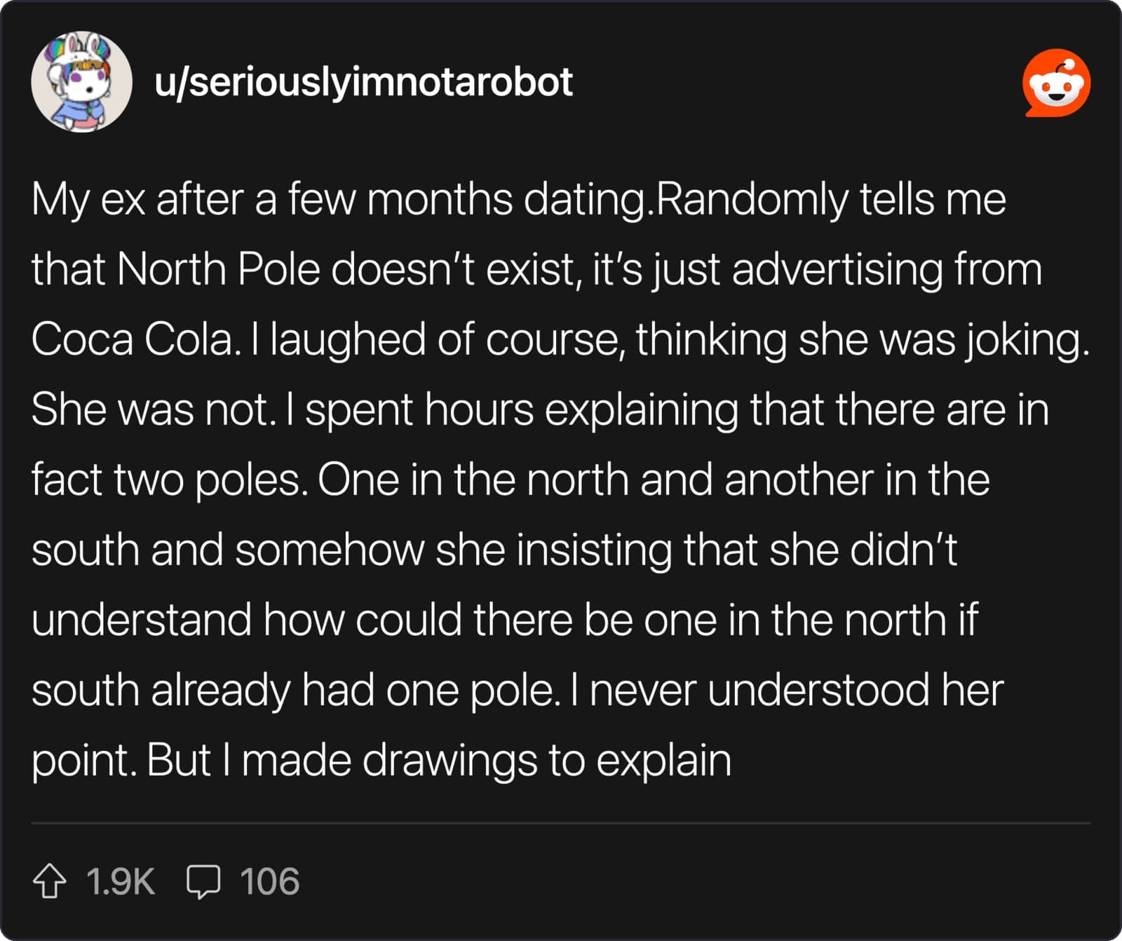 A Reddit post about an ex who believed the North Pole was a Coca-Cola marketing scheme.