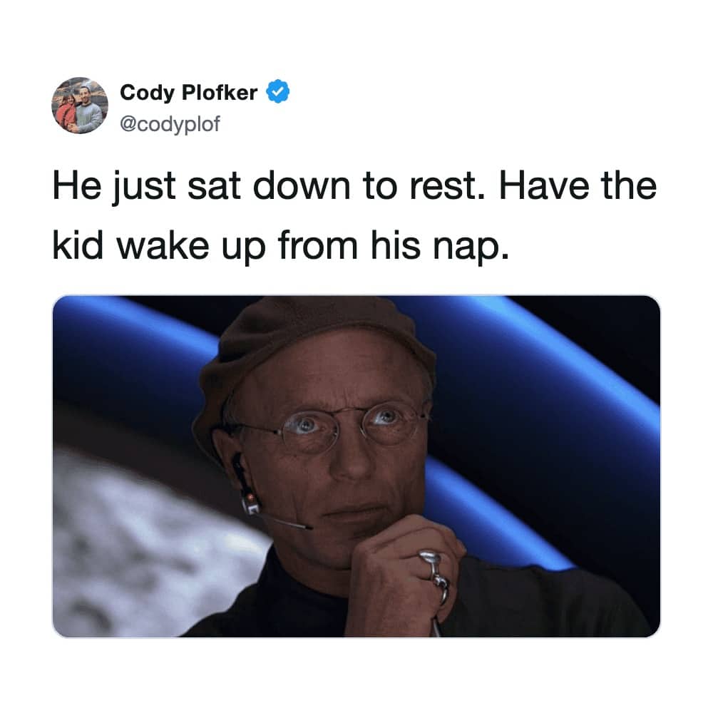 The Truman Show creator Christof meme with text about waking a kid up from a nap as soon as the parent sits down.