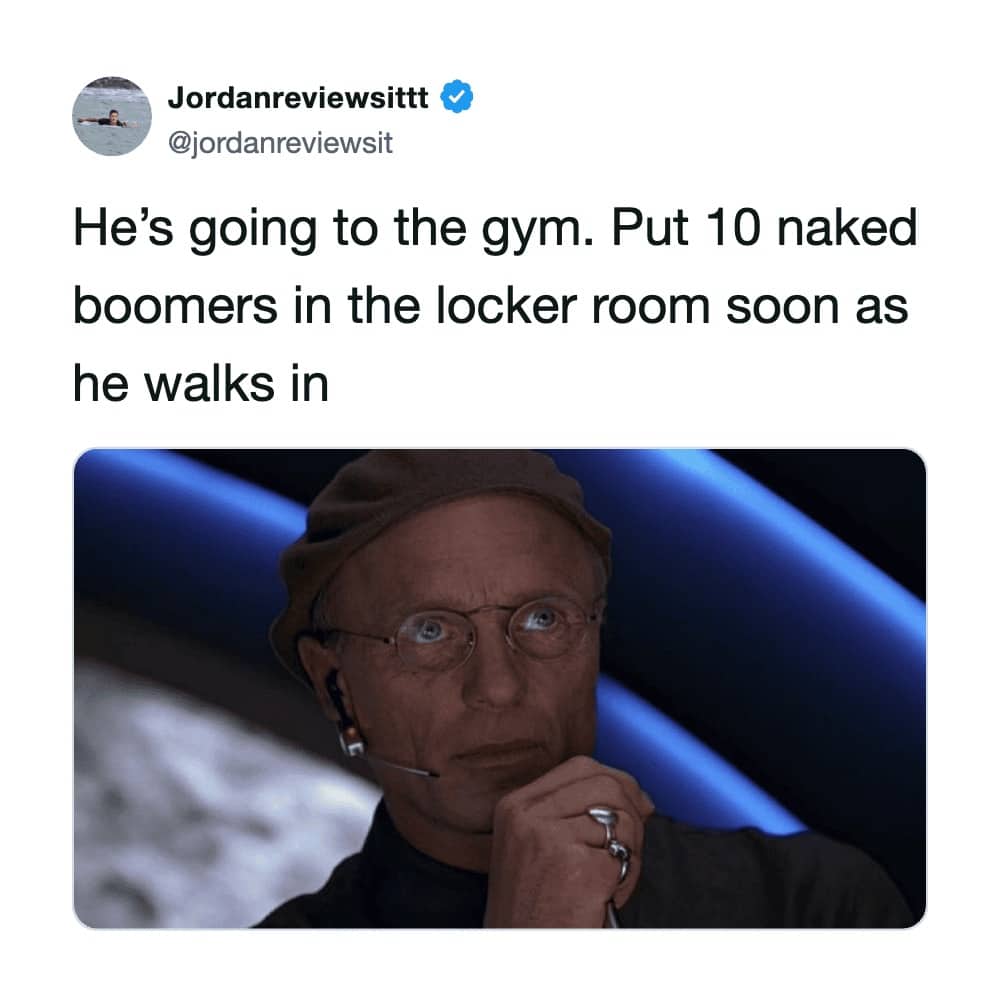 Ed Harris as Christof meme with text about putting ten naked older men in a gym locker room.
