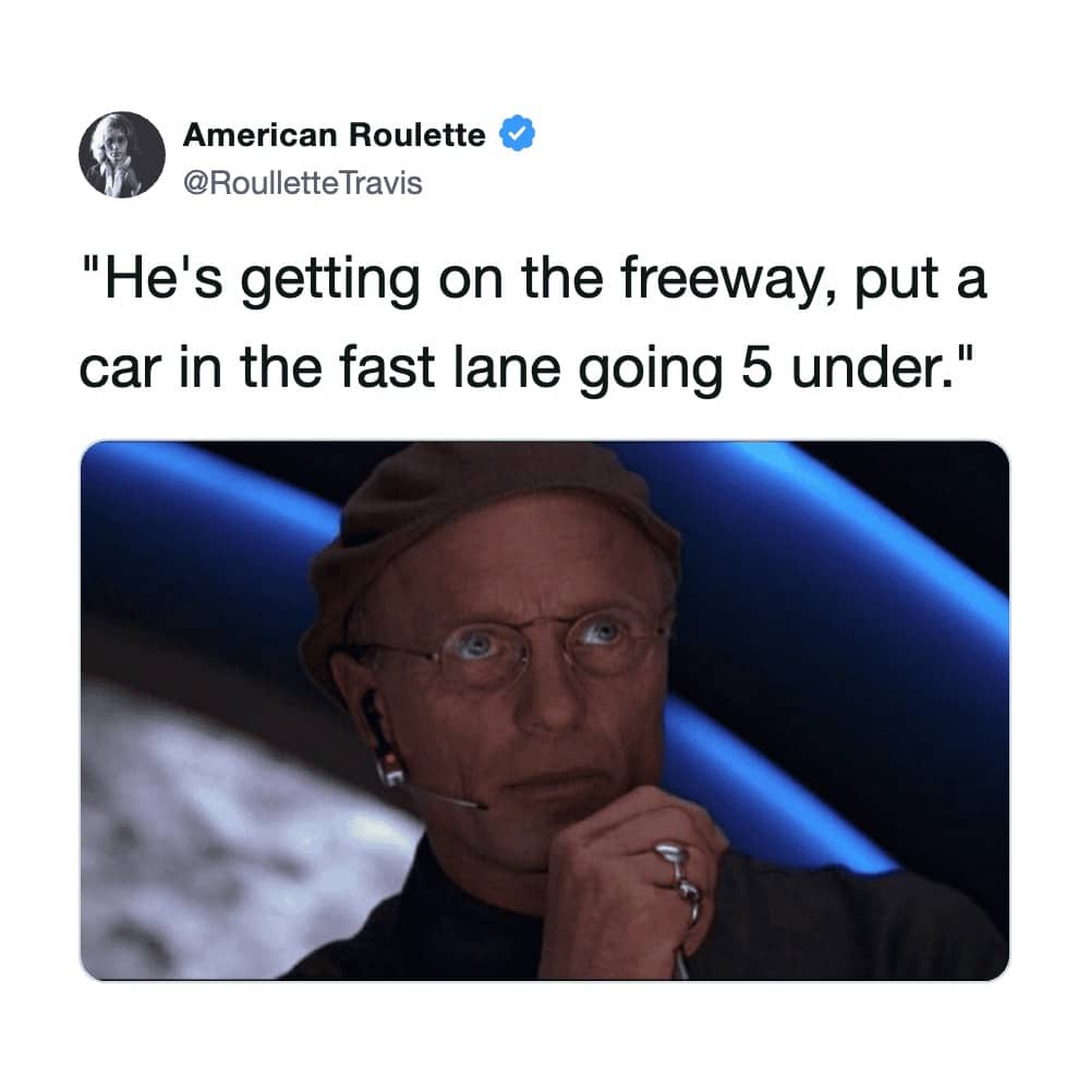 Truman Show director meme with text about putting a slow car in the fast lane of the freeway.