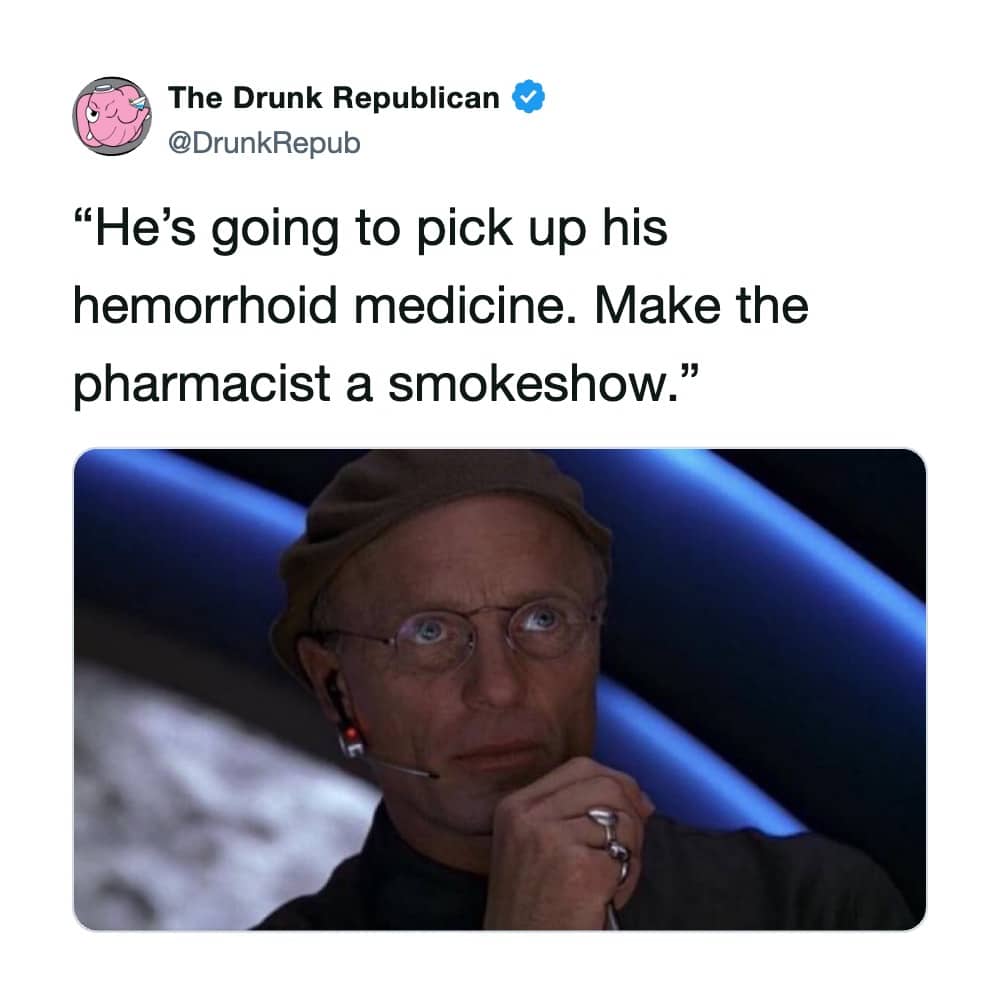 The Truman Show meme with text about making the pharmacist attractive when picking up hemorrhoid medicine.