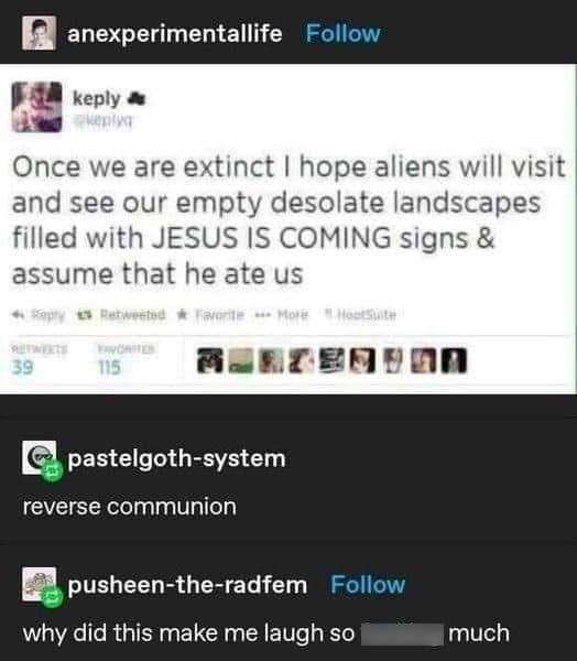Tumblr thread discussing an existential joke about aliens misinterpreting religious billboard signs on earth.