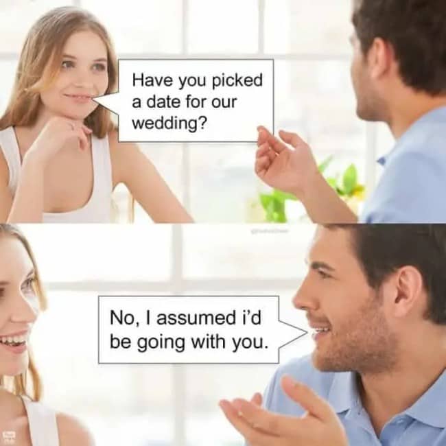 Stock photo relationship meme featuring a literal joke about choosing a wedding date companion.