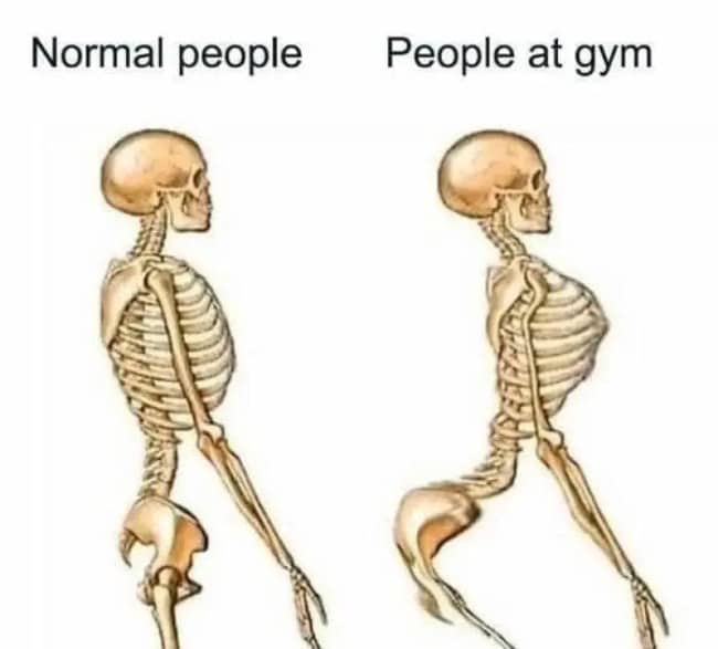 Anatomical skeleton graphic comparing the posture of normal people to gym goers posing.