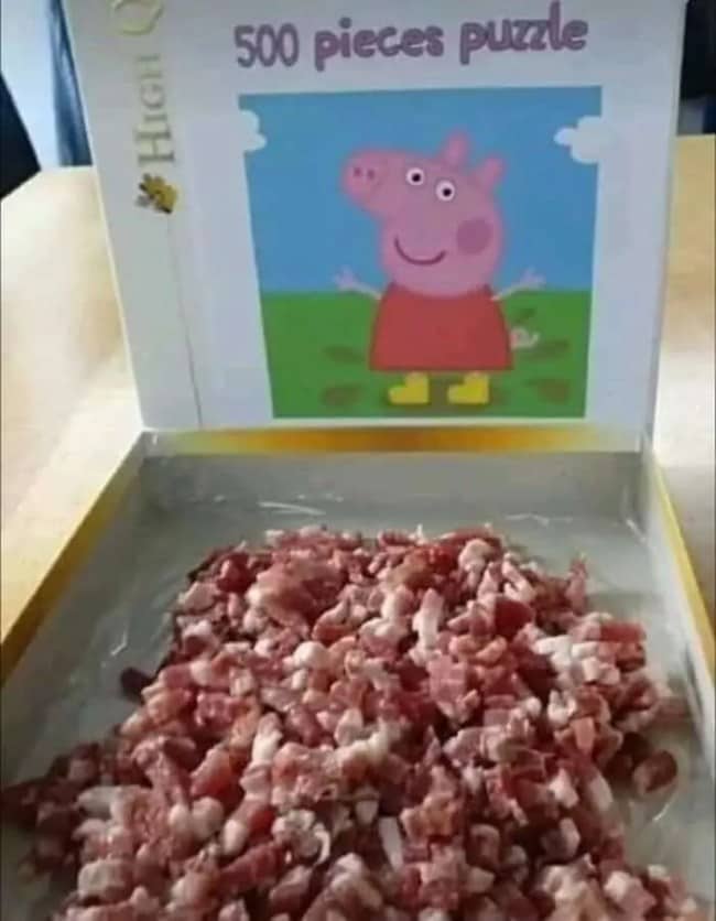 Dark humor meme matching a Peppa Pig children's puzzle box with raw bacon pieces inside.