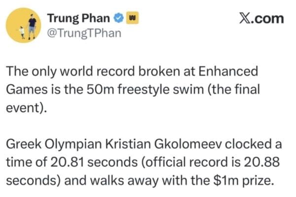 A closing summary tweet by Trung Phan notes that the only record broken during the entire multi-million-dollar event was Greek swimmer Kristian Gkolomeev's 50m freestyle, completing this segment of the enhanced games meme rollout.
