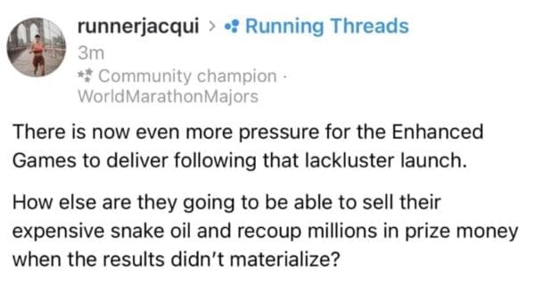 A discussion thread screenshot by runnerjacqui frames a critical enhanced games meme dissecting the extreme corporate pressure on organizers to market their proprietary formulas after a lackluster debut with very few broken world records.