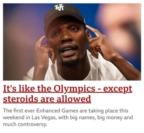 A controversial news headline snippet showcasing a prominent athlete serves as a viral enhanced games meme detailing the big money, major names, and cultural debates surrounding the steroids-allowed event in Las Vegas.
