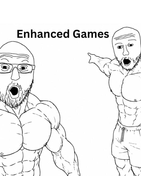 A hilarious enhanced games meme utilizes the iconic pointing Wojak template, beautifully editing both characters into hyper-veiny, muscular bodybuilders shouting and pointing in absolute awe at the event title.