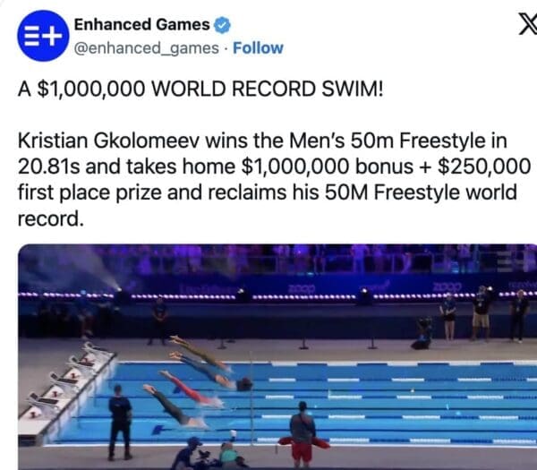 A screenshot of an official platform update celebrating a historic one-million-dollar world record swim by Kristian Gkolomeev in the men's 50m freestyle anchors a crucial moment in this enhanced games meme cycle.