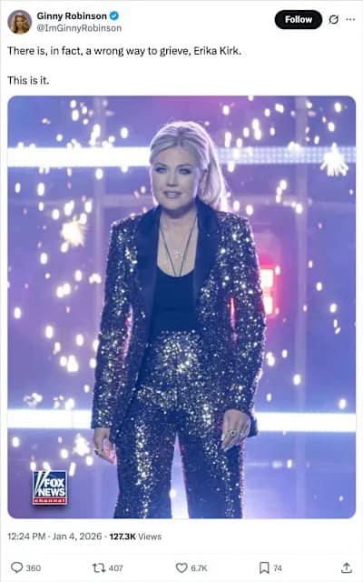 A tweet from Ginny Robinson features an Erika Kirk meme showing the conservative personality in a sequined gold suit on a Fox News set. Pyrotechnics surround her in what is labeled as the wrong way to grieve.
