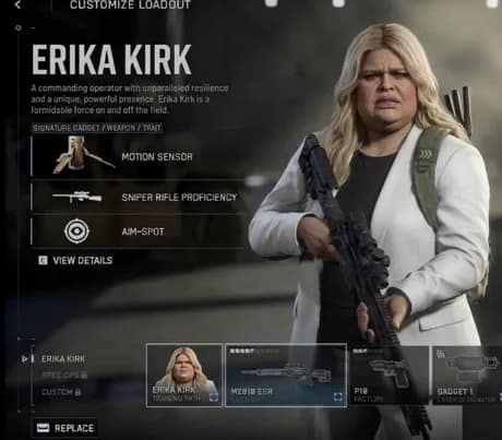 An Erika Kirk meme photoshops her as a playable tactical operator in a video game loadout screen. She is equipped with a large sniper rifle and described as a formidable force on and off the field.