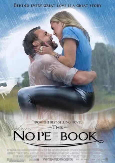 A satirical movie poster titled The Nope Book serves as an Erika Kirk meme, photoshopping her and JD Vance into a romantic rain-soaked embrace.