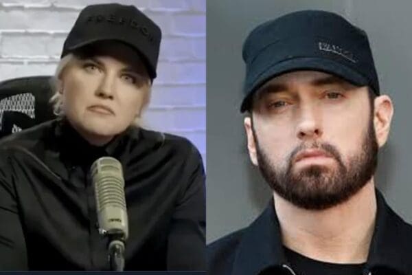 This Erika Kirk meme places her in a side-by-side comparison with rapper Eminem to highlight the visual similarities of their matching black caps and serious expressions.